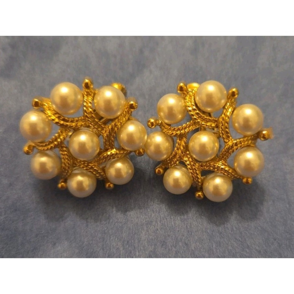 Vintage Napier Rope Faux Pearl Cluster Clip-On Earrings Gold-Tone Adjustable